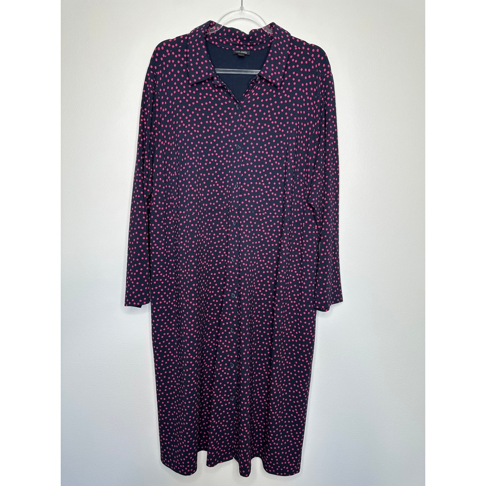 J Jill Wearever Polka Dot Shirt Dress Size 2X Navy Pink Button Front Midi